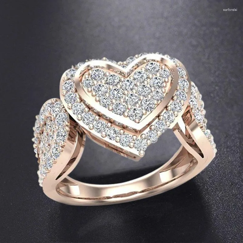 Cluster anneaux luxe européen et américain rose rose gol couleur coeur coeur incrusté plein cercle cristal bancs de fiançailles