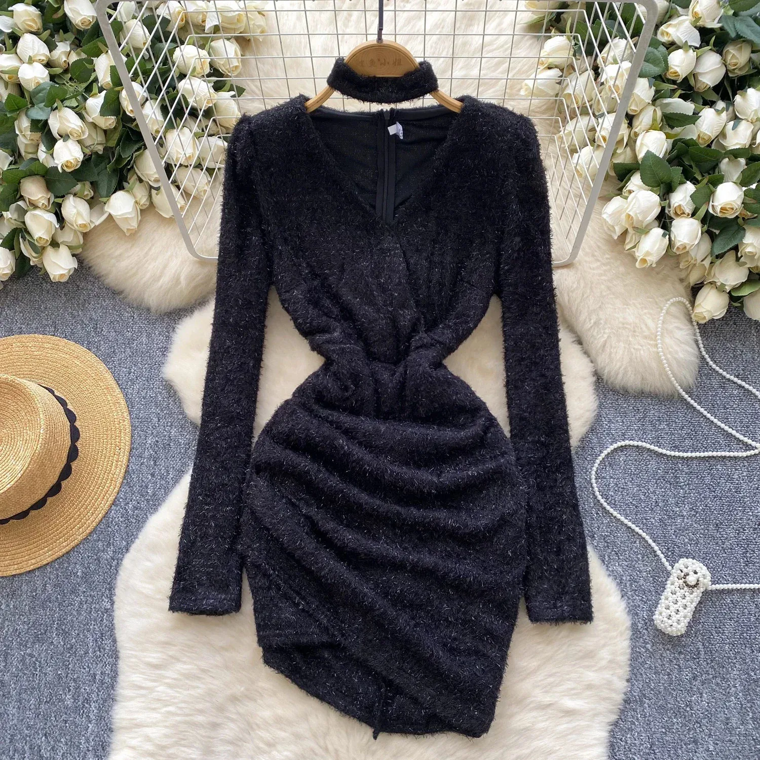 Elegant Long Sleeves Vintage Vneck Chic Bright Silk Sexy Asymmetrical Slim  Pencil Dresses French Evening High Street Clothing 241126 From Zorastore,  $30.53 | DHgate.Com