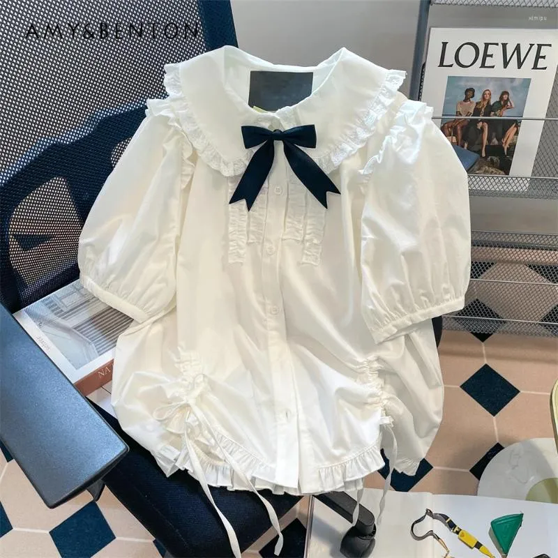 Frauenblusen japanischer Preppy Style Bow JK Shirt Frauen Sommer süßer süßes Puppenkragen Kurzarmbluse Passen alle passen lolita weiße camisas