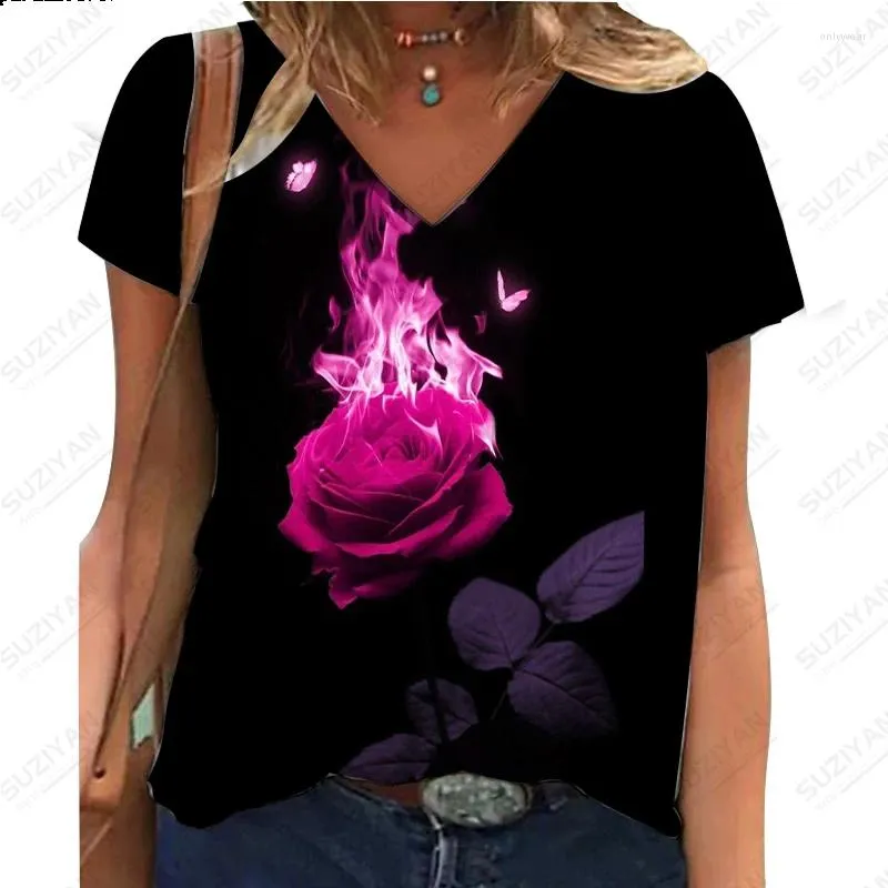 Dames T-shirts 2024 Zomer Fashion Rose Sunflower 3D Digitale printen Korte mouw T-shirt V-hals Casual forens Top