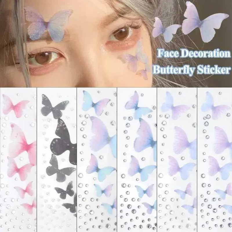 Tattoo Transfer Festival Makeup Butterfly Rhinestone Face Stickers Watertproof Tattoo Stickers Glitter Eyeshadow Body Art Decoration 240427