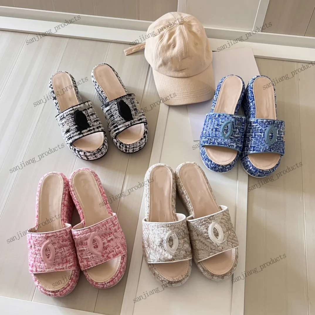 Womens Platform Wedge Heels Slippers Designer Sandals plaid tweed diamond buckle Slide embroidery big logo Ladies Summer Beach Shoe Luxurys Classic Mule Flip Flops