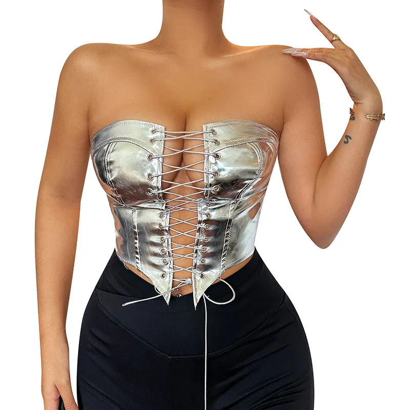 Dames tanks camis glanzend lederen strapless vooraan veter korset slanke tops glanzende bustier tops holografische sexy mouwloze shirts