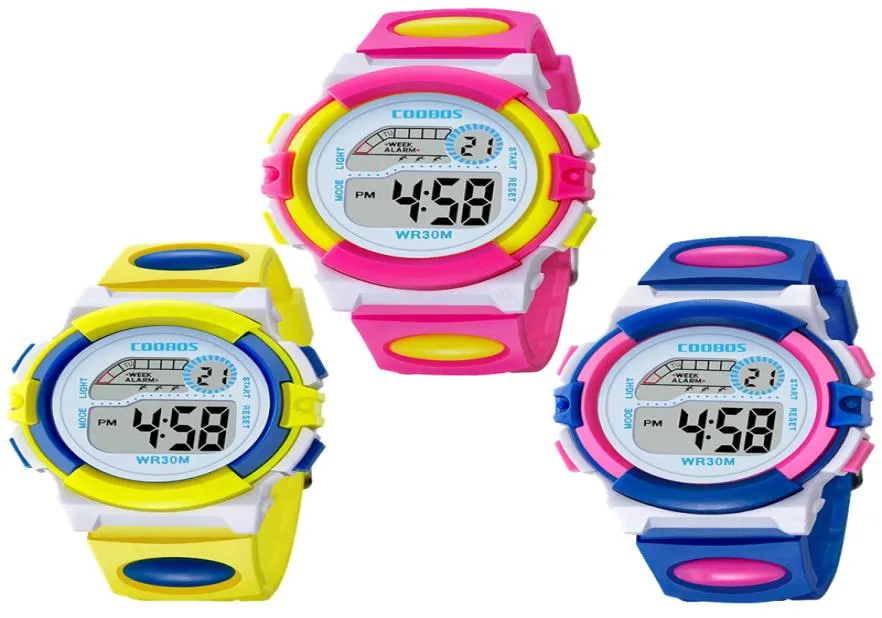 Kleurrijke ontwerp Fashion Girls Boys Sport Led Digital Watch Coobos 0916 Electronic Multifunction Children Gift Party Kids Watches7562166