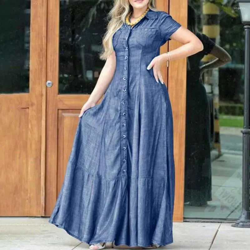 Casual Dresses Women Lapel Short Sleeve Denim Dress Patch Pocket High Waist Ruffle Hem A-Line Elegant Solid Color Long