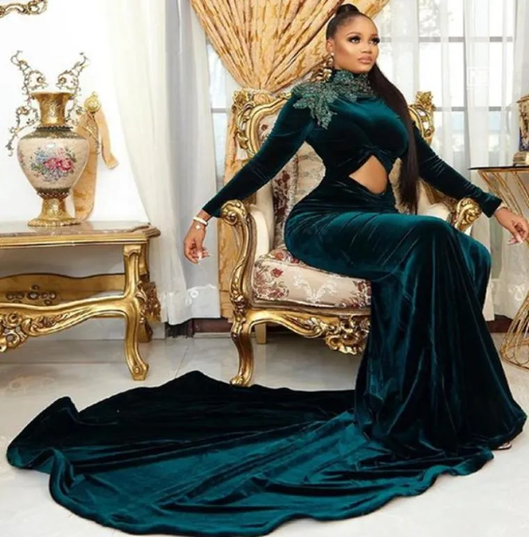 2021 Plus taille arabe aso ebi sirène vert foncé robes de bal en dentelle en dentelle en velours soirée formelle deuxième robes de réception zj3037411019