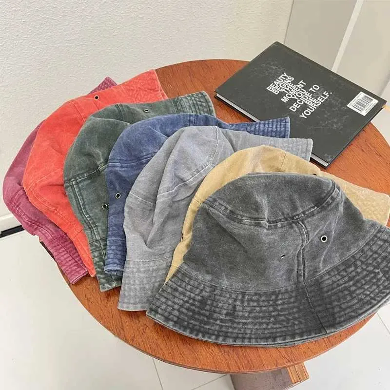 Weitkrempeln Hüte Eimer Waschen Denim Bucket Cap Womens Fischer Unisex Bob Hut Hip-Hop Goros Herren Panama Windproof Q240427