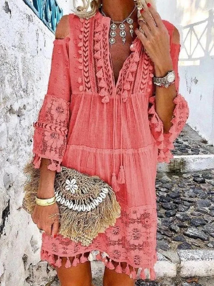 Casual Dresses Tassel Sexy Boho Long Dress Women Lace Fall Solid Hollow Out V-Neck Bohemian Style Vestidos