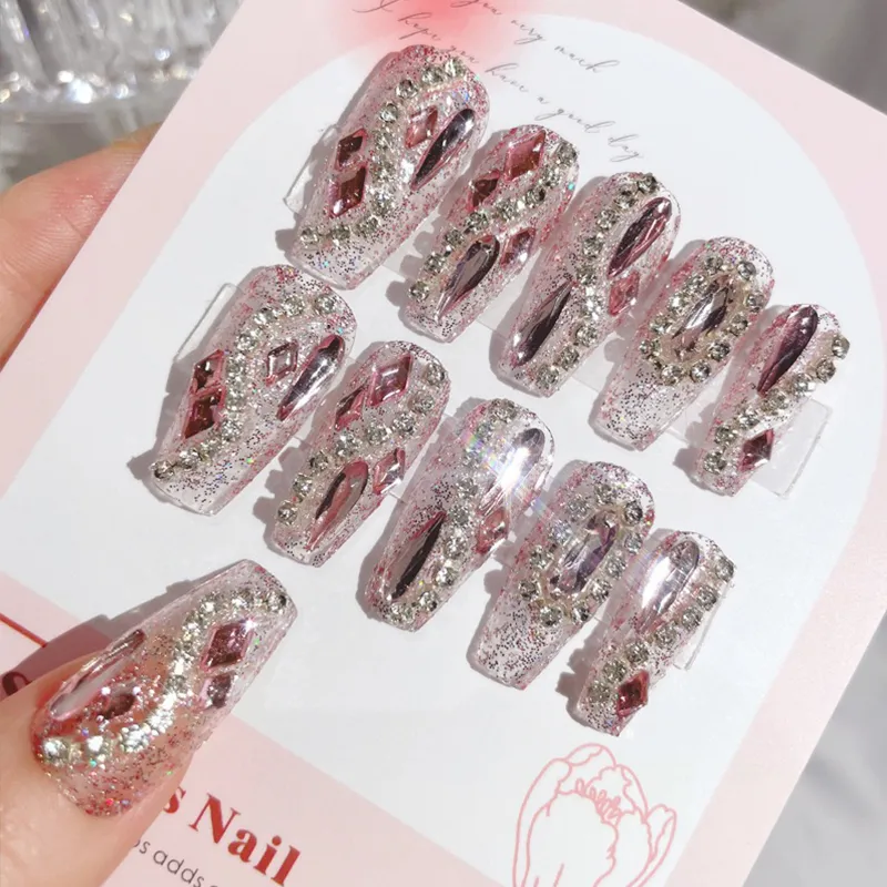 False Nails 3D Bling Gems Glitter Stiletto Matte False Nail Almond Nail Art Tips AB Rhinestones Frosted Fake Nails Press on Daily Wear semi cured nails supplies