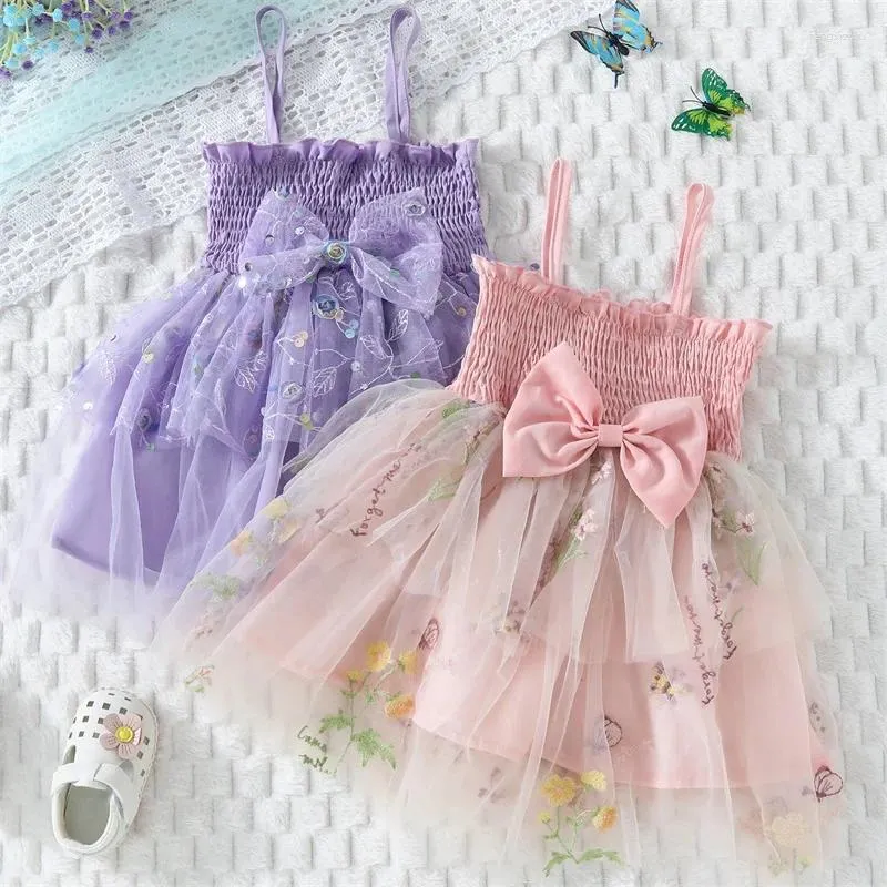 Fille robe bébé filles robe tulle floral brodé en maille d'anniversaire de fête d'anniversaire sans manche
