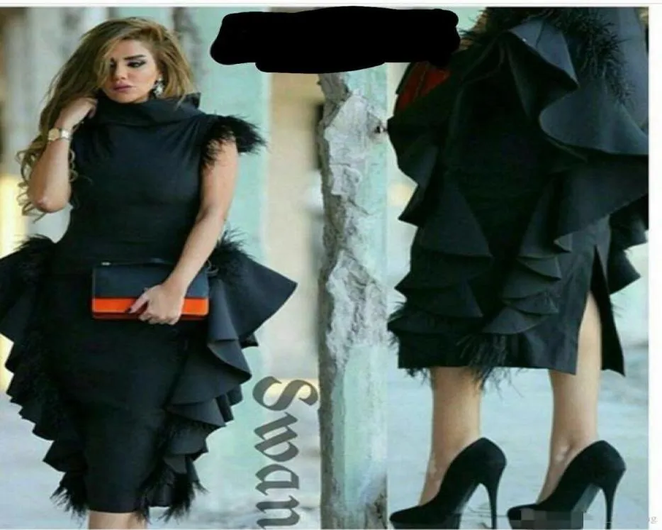 2019 Abiti da sera con piuma ad alto collo su spalla arruffato Black Peplum Lunghezza da ballo arabo formale abiti da festa arabi