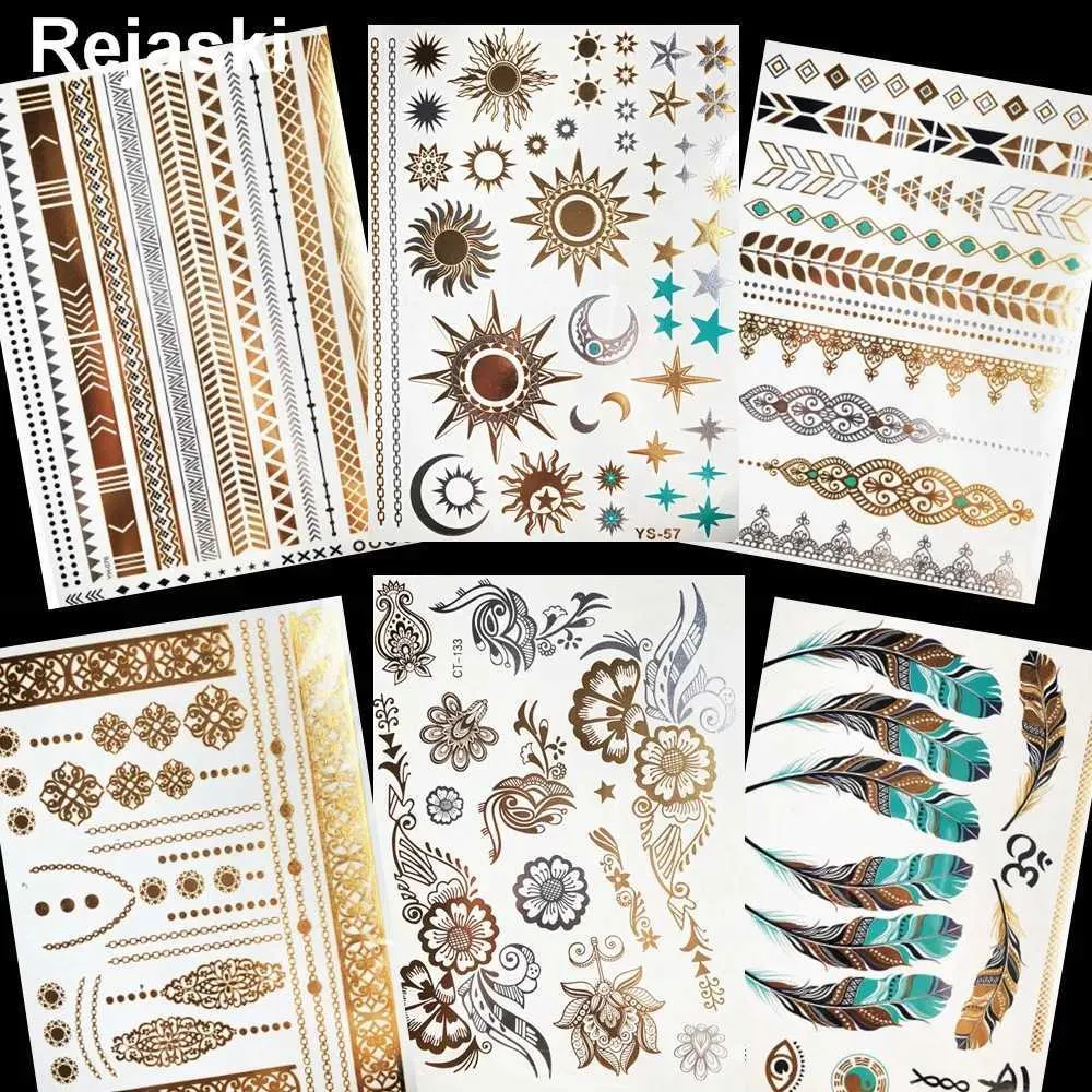 Tattoo overdracht gouden zon maan metallic waterdichte tattoo bloemenmeisje hand Tijdelijke tattoo sticker star body art flash nep tatto armband vrouwen 240427