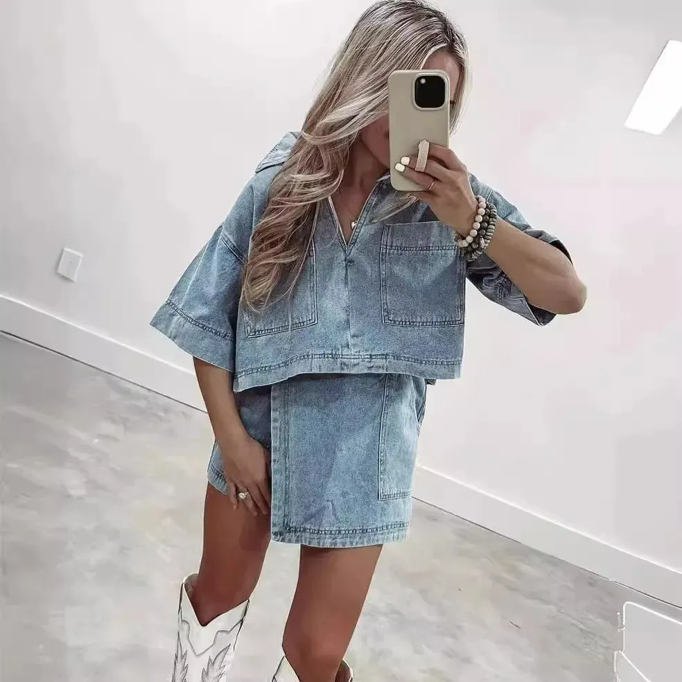 2024 Summer Women Blue Denim Skirt traje de 2 piezas Floja Set de manga corta con camisa de bolsillo y calle femenina irregular 240426