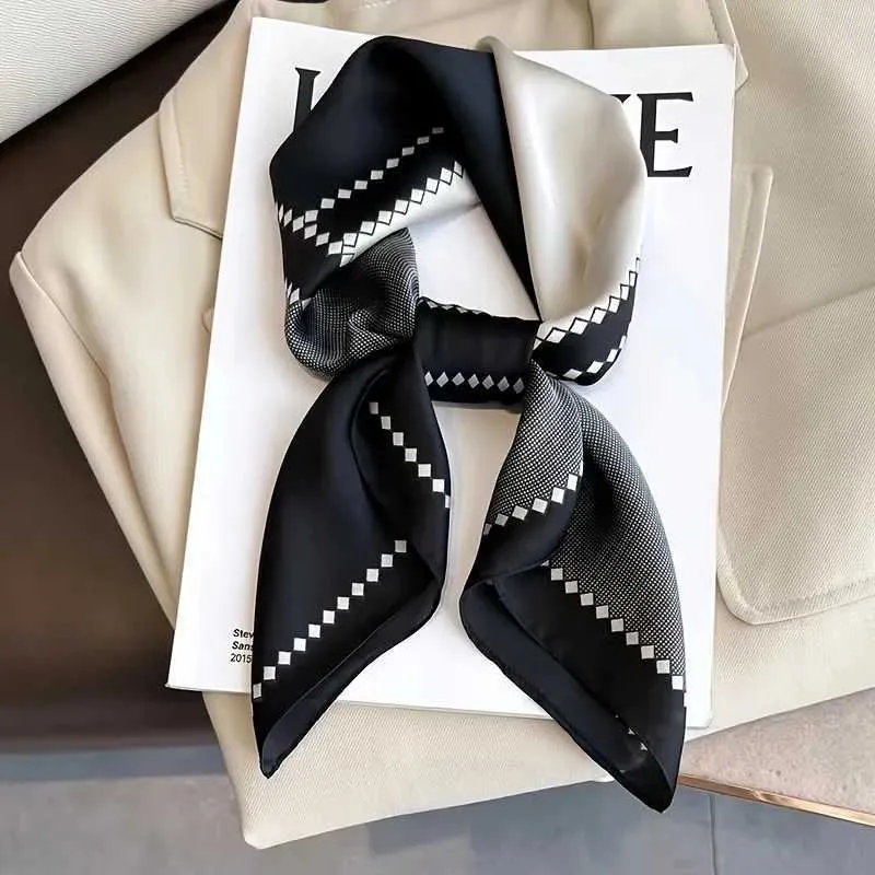 バンダナスデュラグ黒と白の正方形のスカーフエレガントな女性プロフェッショナル装飾小さなネックスカーフカジュアルシルク日焼け止め薄いヘッドスカーフ240426
