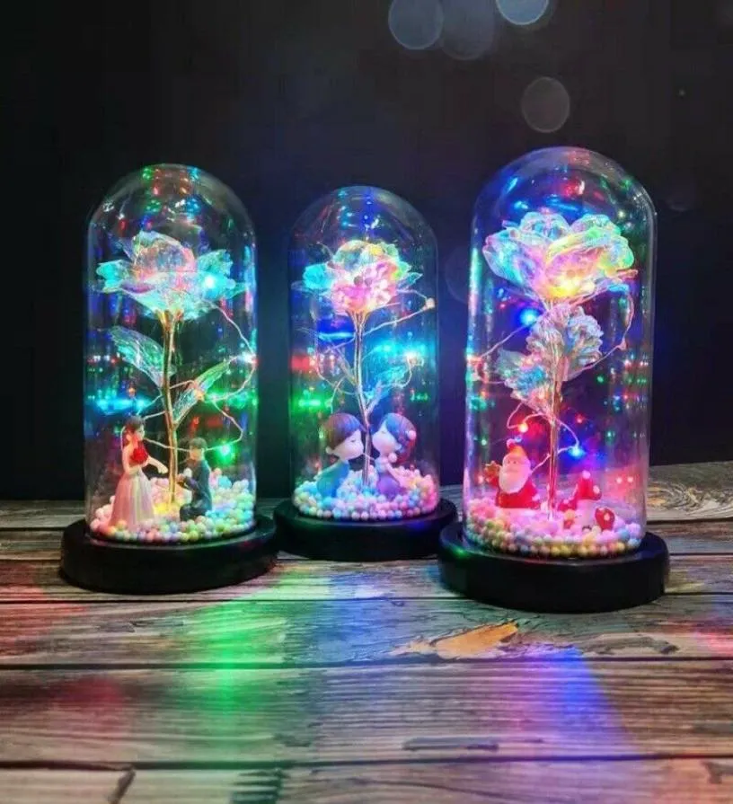 LED Enchanted Rose Light Silked Artificial Eternal Rose Flower in Glass Dome Lampe Decors Light Christmas Valentine Gift romantique C3904725