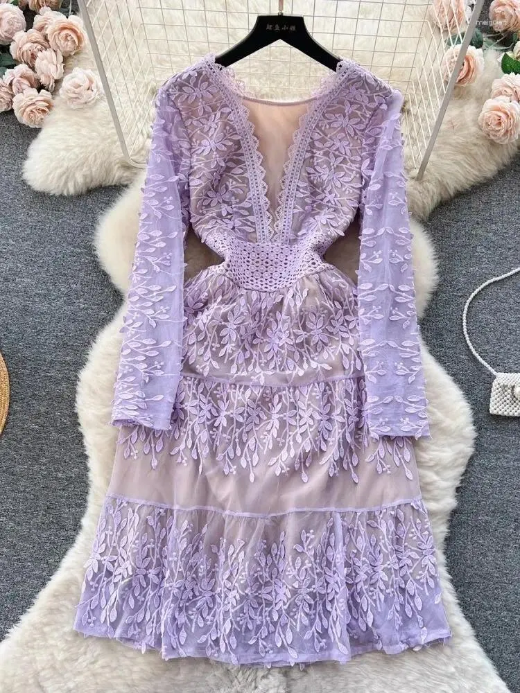 Casual Dresses 2024 Fashion French Sweet Violet Embroidery Flower Dress Women's Sexy See Through Long Sleeve Hollow Out Lace Mesh Midi