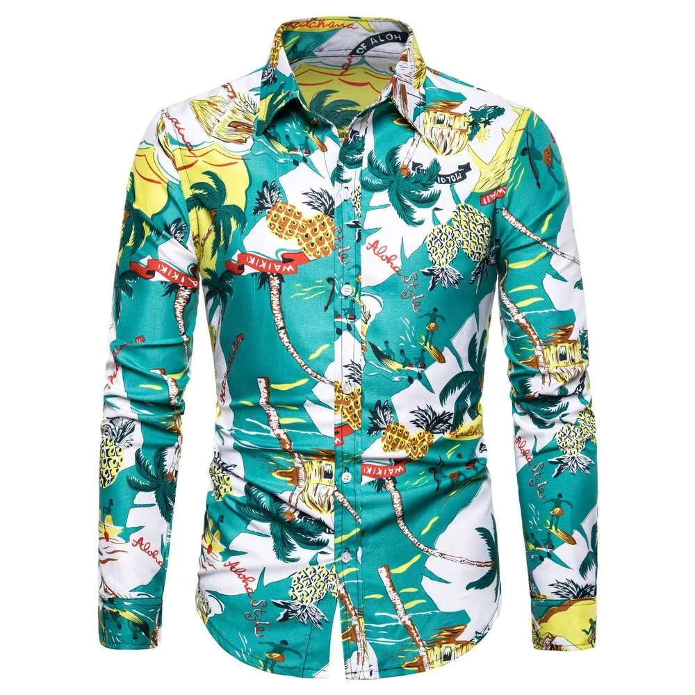 2019 Spring and Autumn Men's Large Long Sleeved Shirt Hawaii Short Sleeved Shirt Casual Flower Shirt Men's Wear