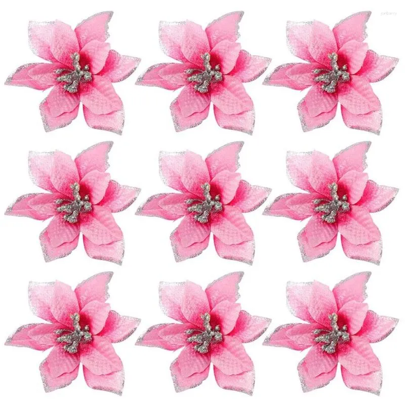 Flores decorativas 50 Pack Glitter Poinsettia Arenamentos de árvore de Natal 5 polegadas Picks de seda artificial Decoração Garland (rosa)