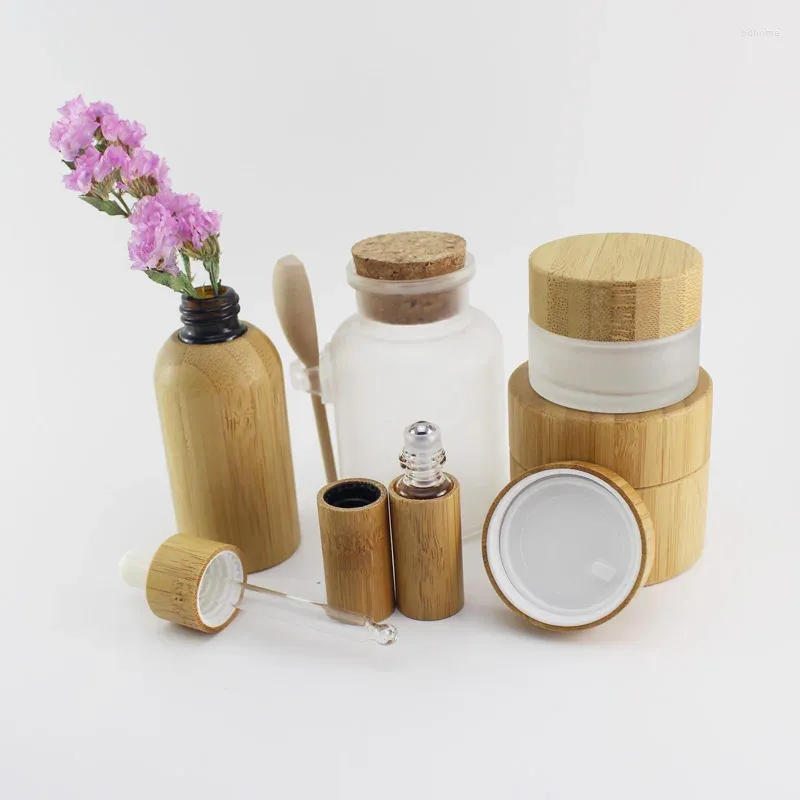 Storage Bottles Bamboo Jar Round Empty Oil Jars Wood Tops Glass Dropper Bottle Tincture E Liquid 30ml 50ml