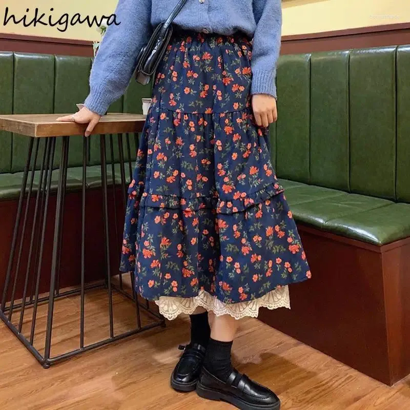 スカート2024 Faldas Mujer de Moda Vintage Floral Long Women Clothing High WAIST A-lineパッチワークレースJupe Korean Sweet Skirt