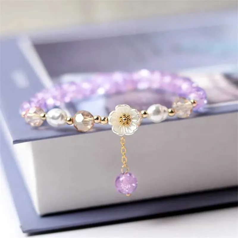 Beaded Fashionable Korean White Flower Purple Bead Bracelet Womens Charm Crystal Beads Elastic Adjustable Friendship Jewelry