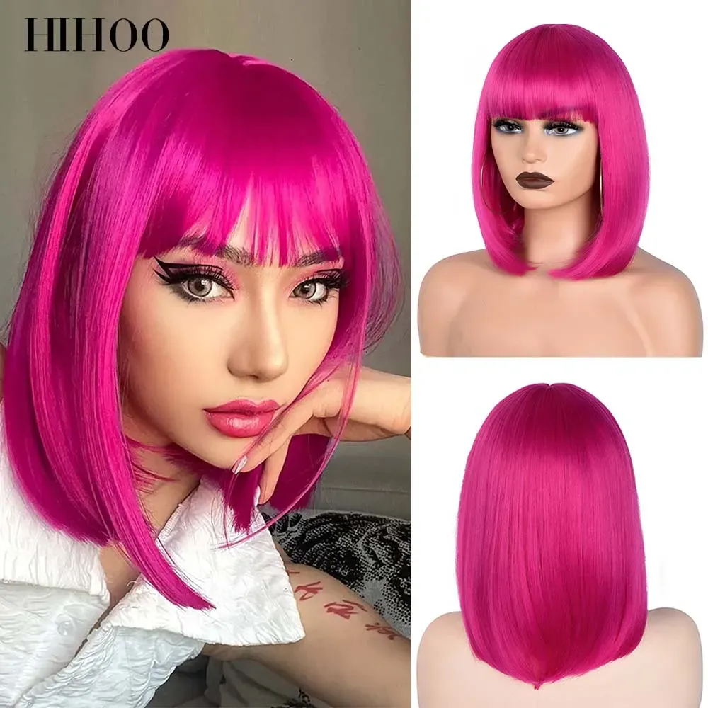 Perruques courtes bob raide pour femmes perruques synthétiques brunes à la perruque rose blonde ombre ombre naturel de coiffure