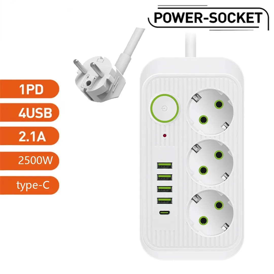 Plugs EU Plug Power Strip 2M förlängningskabel Multicer 3AC Outlets Electrical Socket med 4 USB 1 Typec Network Filter Fast Charging