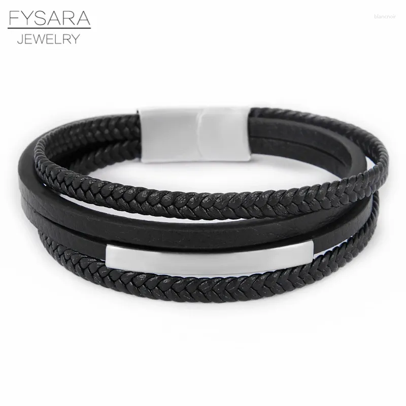 Bracelets de liaison marque fysara noir en cuir authentique en cuir tressé en acier inoxydable Magnet fermasse pour hommes bijoux punk