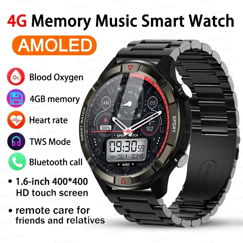 Regardez une nouvelle montre 4G Memory Watch for Men Smart Watch en 2023 Bluetooth Call Local Music Smartwatch Fitness Sports Clock 1,6 pouce HD Écran