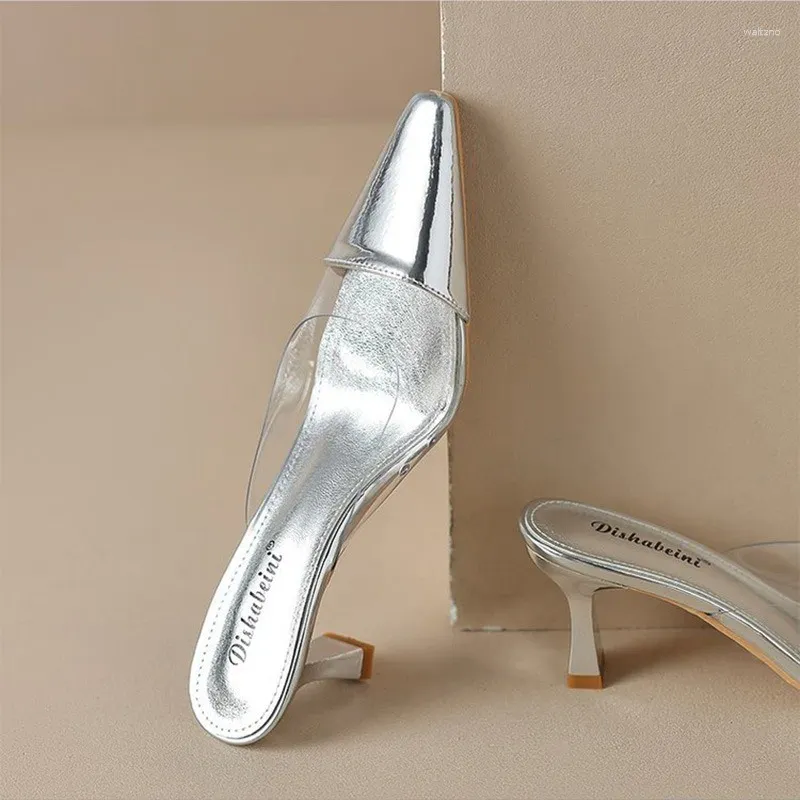 Slippers Spring Summer Femme's Half Silver PVC Transparent 6,5 cm High Heel Head Mules Femelle Point Toe Diapositives