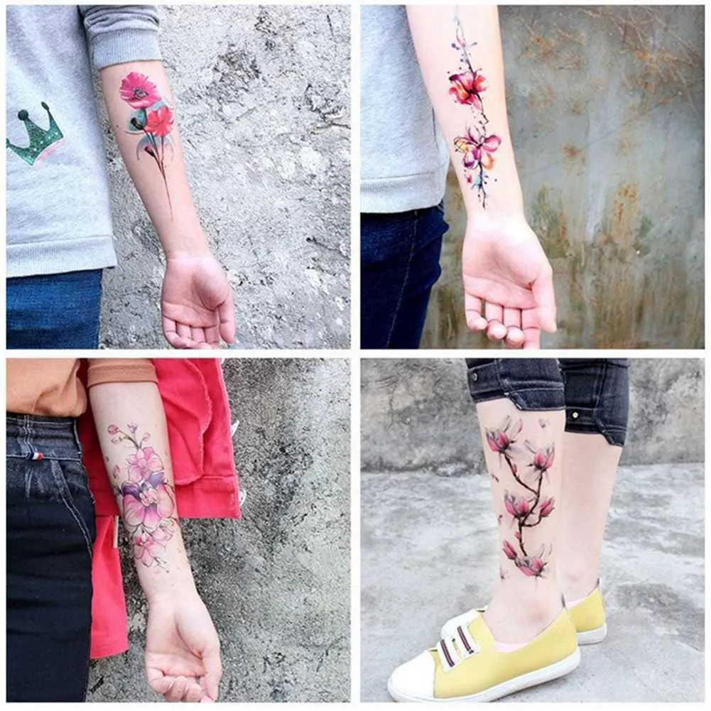 94et Tattoo Transfert 1sheet coloré fleurs de pivoine Tatouage Femmes étanches Tattoo Black Tatoo Sticker Femmes Soules de brouillard