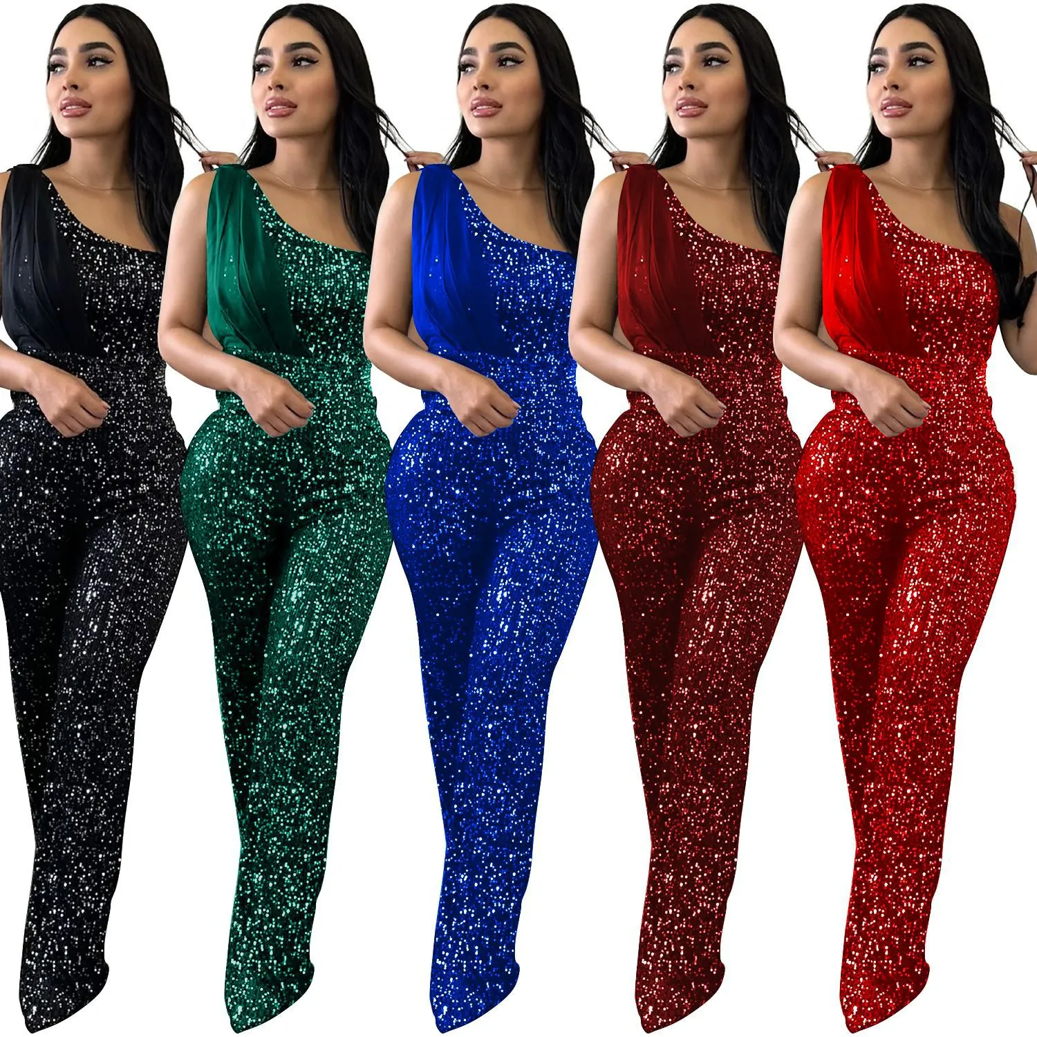 jesais Womens Jumpsuits Rompers Luxury Sequin Sleeveless One Shoulder Sequin Jumpsuit Overalls Night Club Birthday Outifts