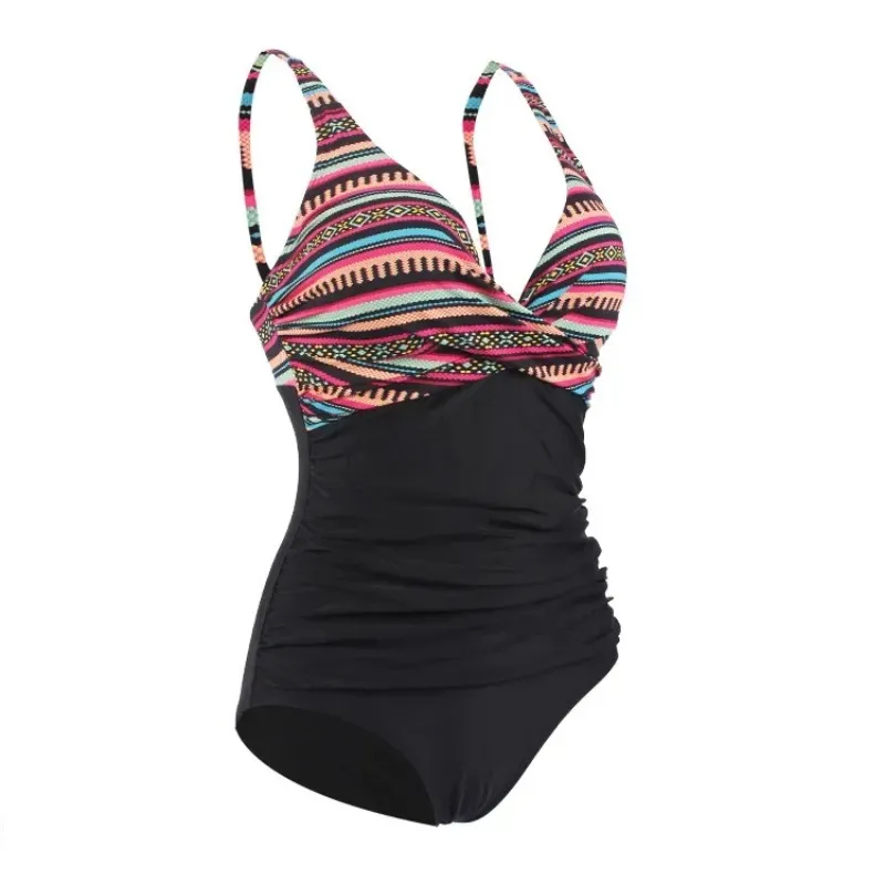 New One-Piece Triangle Swimsuit Women's V-neck Color Combination Shrink Wrinkle Cover Belly Sexy Halter