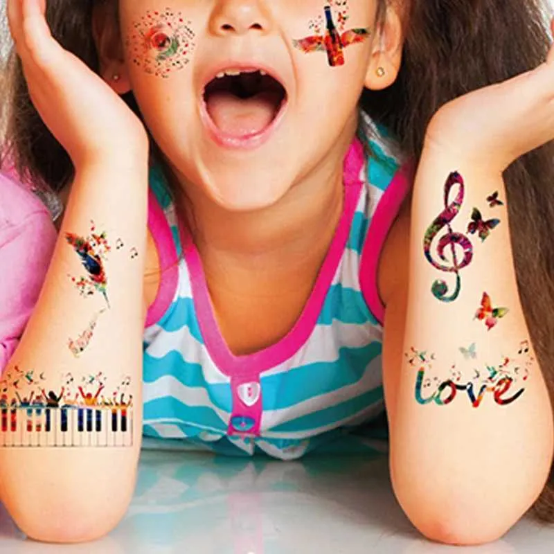 Transfert de tatouage Afficier des enfants temporaires Tattoo Musique autocollante Remarque Tatouages colorés pour hommes Festival Kids Festival pour enfants 240427