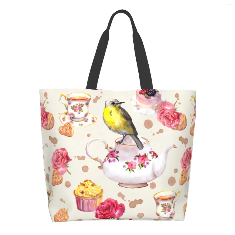 Sacos de compras Birds de chá de aquarela Birds Extra Grand Grocery Bag Cupcakes Pink Rose reutilizável Tote Storage