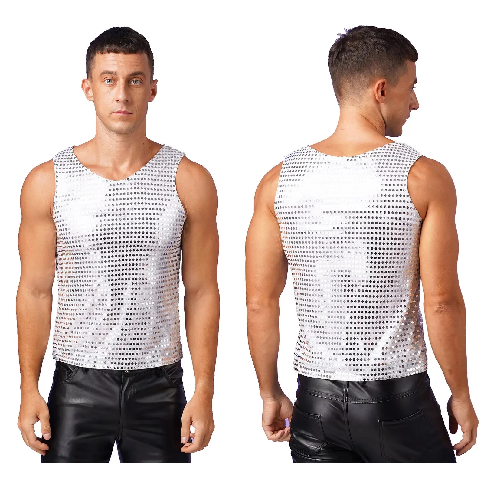 T-shirt maschili Shiny Sequestre senza maniche canotte sciolte per le prestazioni natalizie Nightclub Waistcoat240416