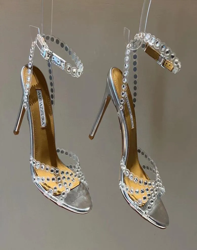 Nowy sezon Aquazzura Shoes Tequila Sandals 105 Sparkling Party Włochy Clear Pvc Crystals Stiletto Obcina Wedding Bride2951208