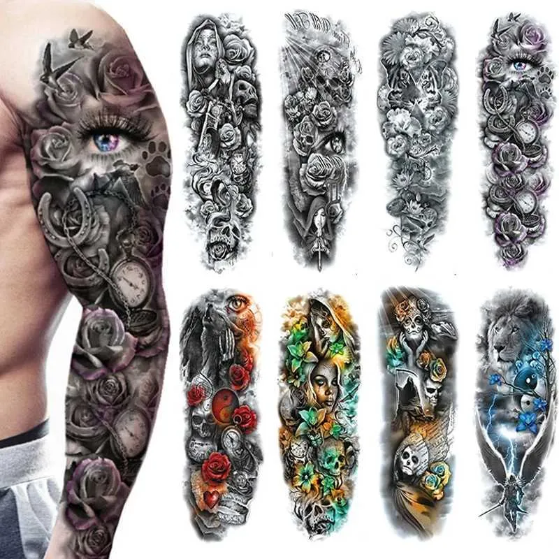 Transfert de tatouage étanche temporaire bras plein bras tatouages hommes femmes jambe cool art noire poisson dragon skull manche grand faux autocollant style paillette 240427