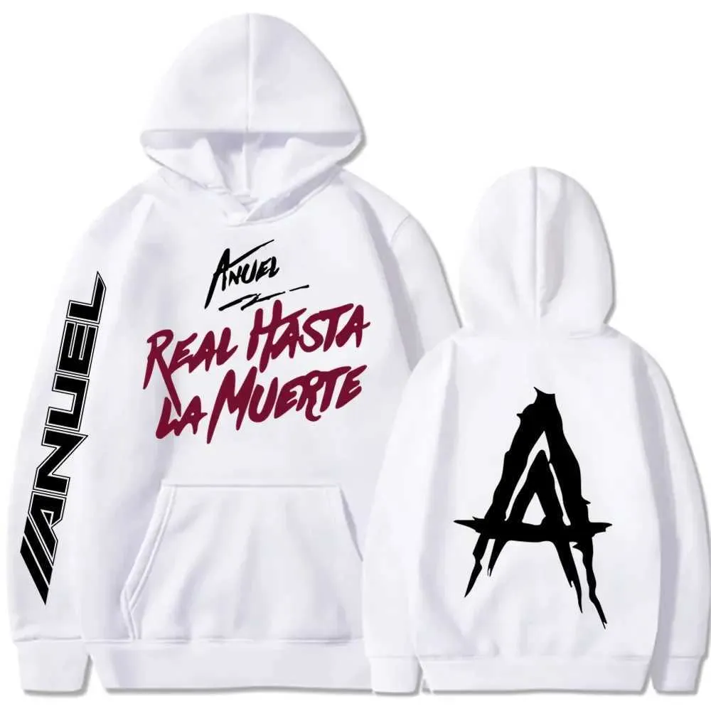 Mens Hoodies Sweatshirts Autumn Fleece Mens Hoodie Anuel AA Real Hasta La Muerte Print Sweatshirt Street Clothing Rap Singer Loose Pull Off Casual Hoodie 240425