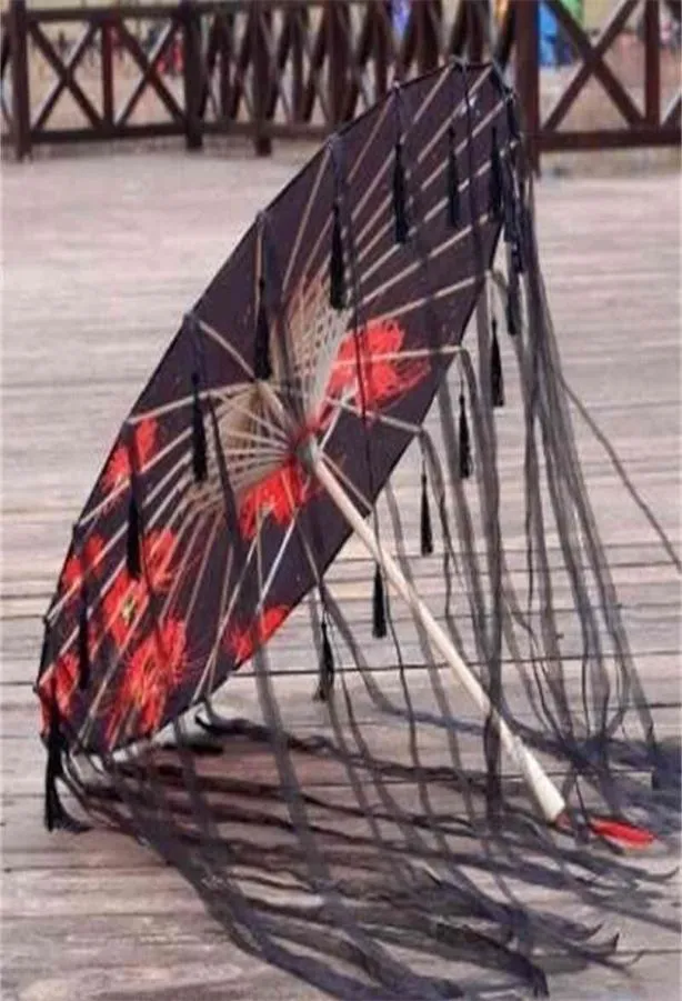 Silk Cloth Lace Umbrella Women Costume Pography Props Tasseled Umbrella Yarned Chinese Classical Oilpaper Umbrella Parasol 2101039984