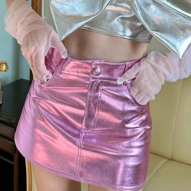 Y2k Pink Metallic Fashion Girls Short Skirt Pockets Slim Fit Bright High Waist Korean Fashion Halfskirt Women Clothing 240426