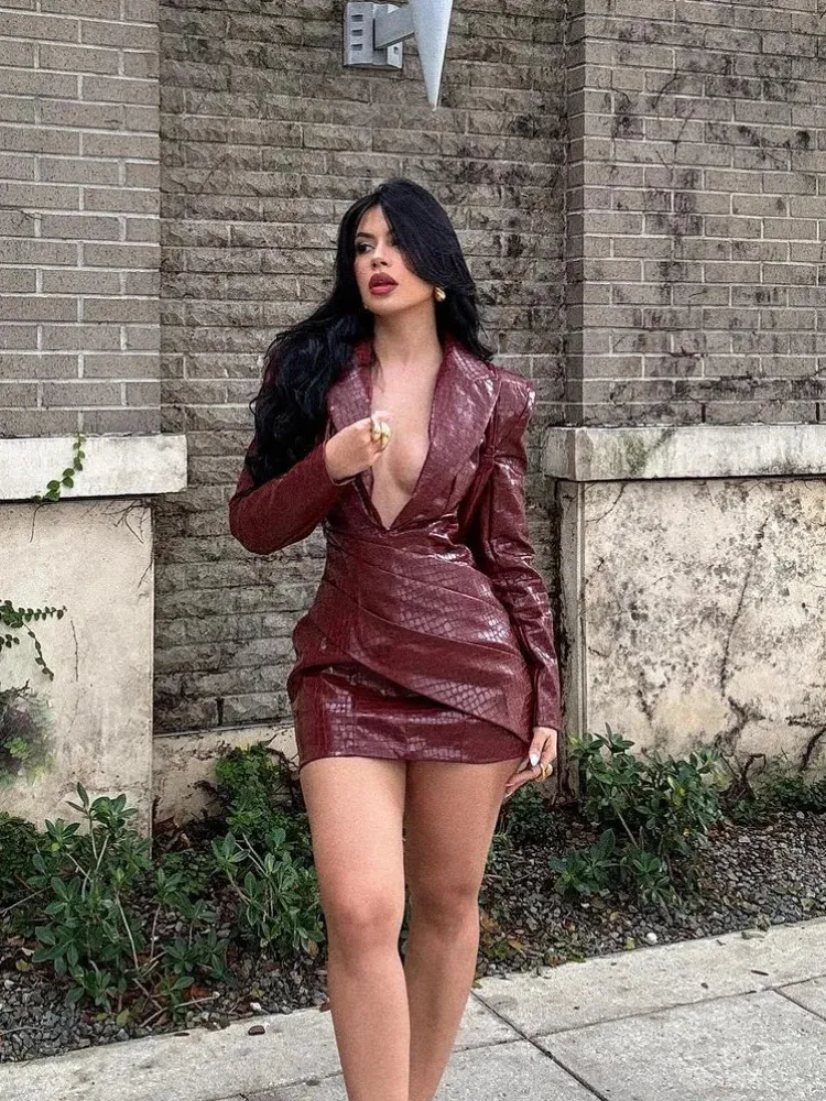 Women Sexy Deep V Red Lattice Leather Mini Dress Fashion Long Sleeve High Waist Fold Slim Dresses Lady Highstreet Short Robe 241210