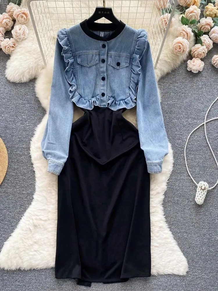 Casual Dresses Vintage Denim Dress Patchwork Design A-Line Jean Woman Elegant Lapel Long Sleeves Female Holiday Vestidos Rober