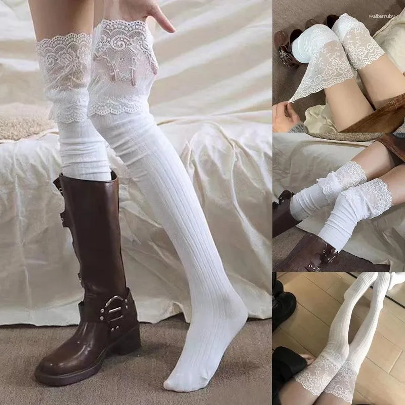 Femmes chaussettes lolita dames filles épaisse chaudes longues longues sexy en dentelle genou bas bas sur la botte noir blanc