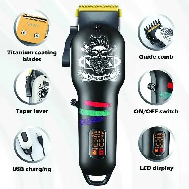 Trimmer de cheveux VGR CORDE CHARBE CHARGE DE CHARGE AFFICHED LED ÉLECTRIQUE ELECTRICAL RALAVER MENSE Q240427