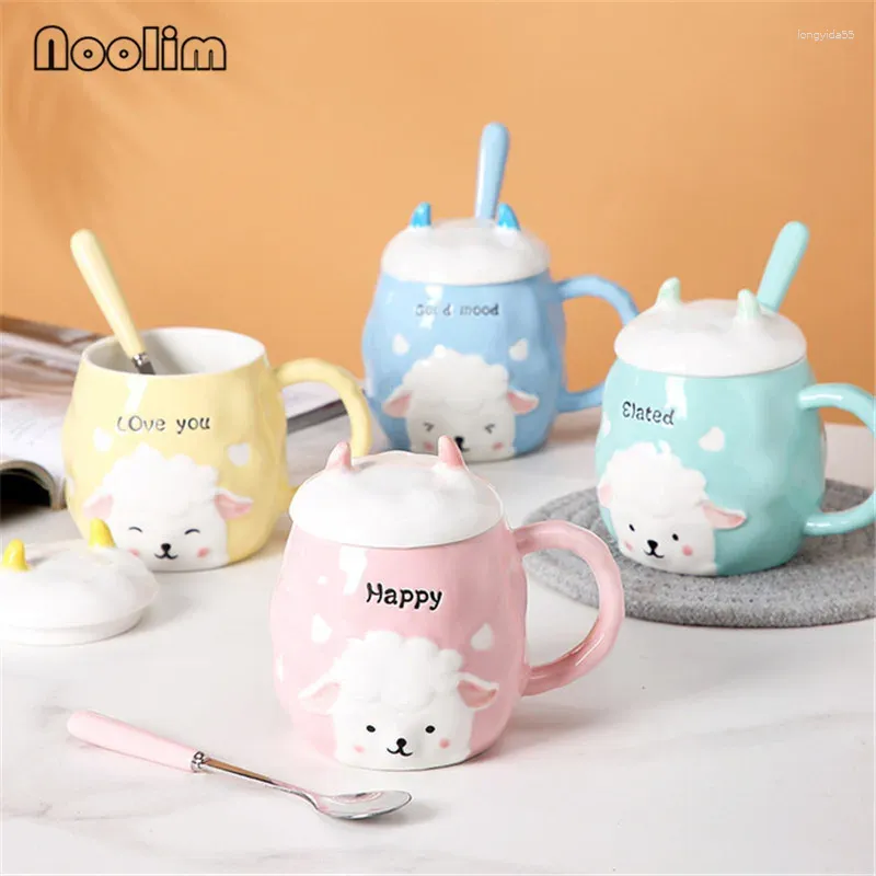 Mugs Ceramic Cartoon Coffee Mug With Lid And Spoon Set Cute Breakfast Milk Office Drinking Water Cup Teacups Drinkware 380ML