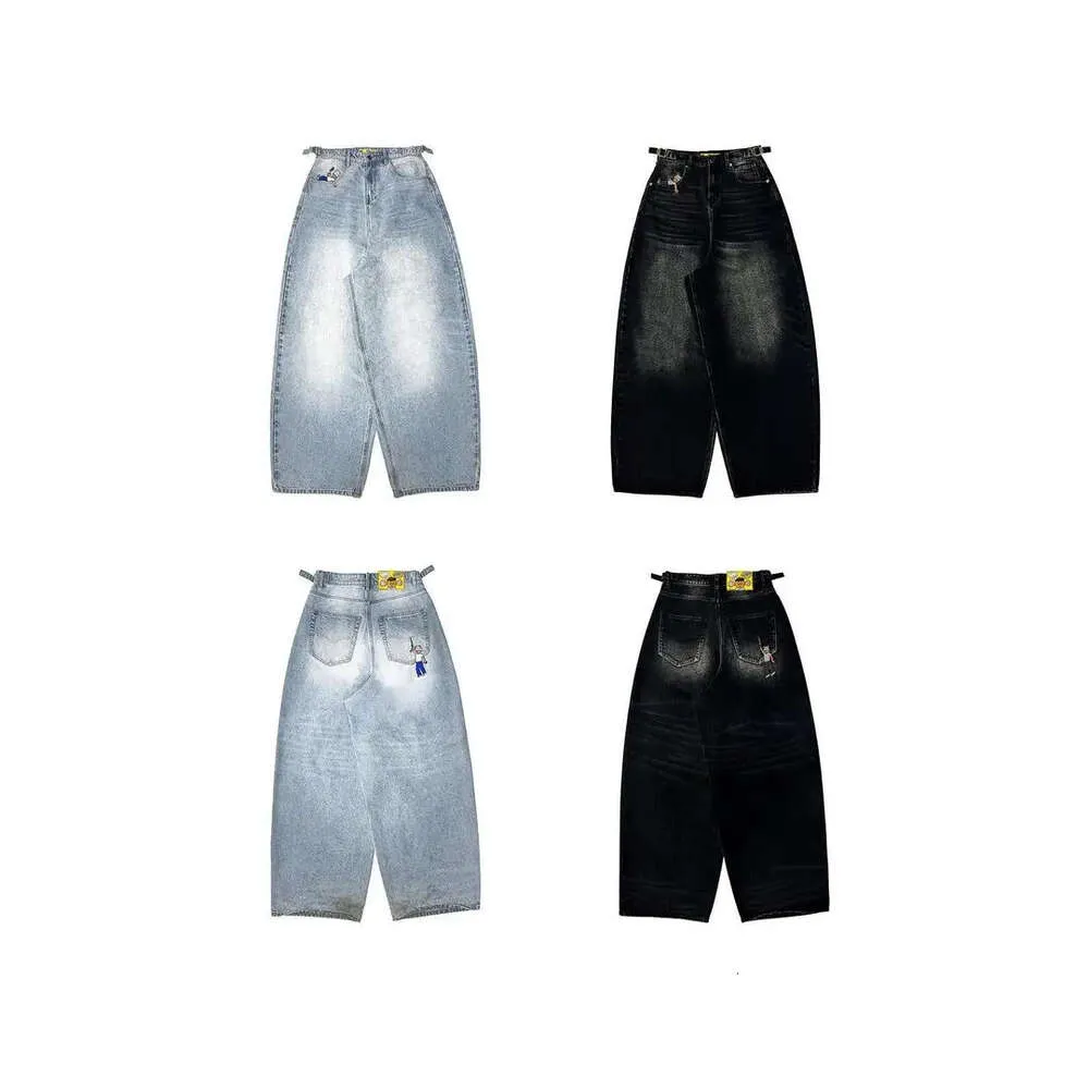 Stilvoller und einfacher koreanischer Taschenkartoon Leichte Farbe Jeans Ästhetik Haruku Casual Design High Taille Wide Bein Hosen Y2K