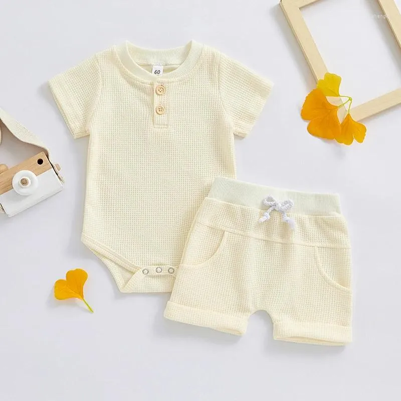 衣料品セット生まれの男の子の女の子ロンパーセット半袖ボタンアップワッフルジャンプスーツ幼児2PCS服用のソリッドカジュアルショーツ