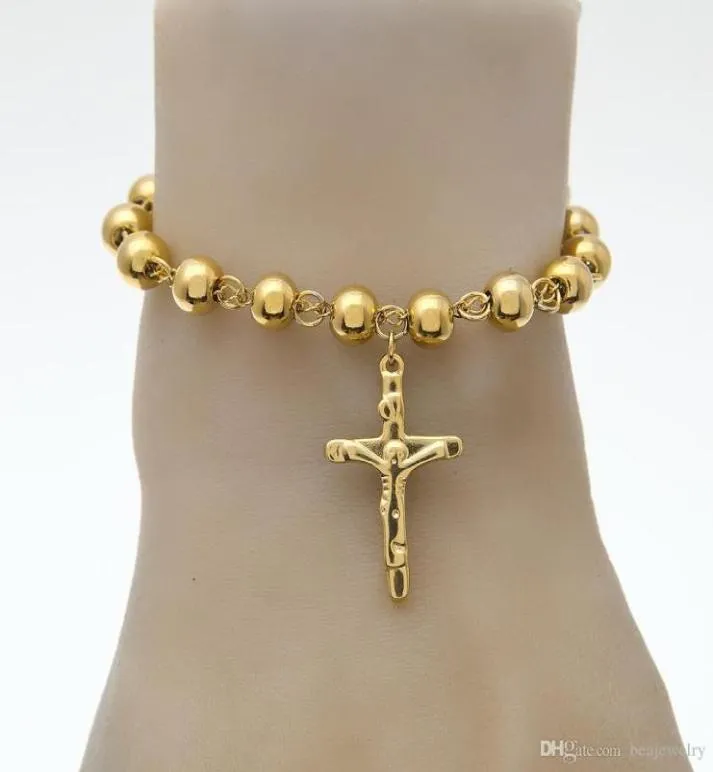 Hip -Hop -Schmuck 14K Gold plattiert Rosenkranzperlenarmband Edelstahl mit Jesus Charms Anhänger Link Kette Religion Frau Pulseira3988882