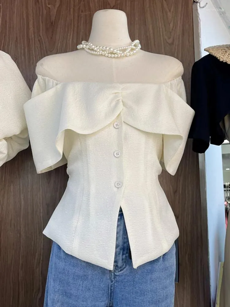 Women's Blouses Summer 2024 Design Elegant Ruffled Blouse Women Slash Neck Off-shoulder Slim Waist Buttons Shirt Tops For Korean 43912